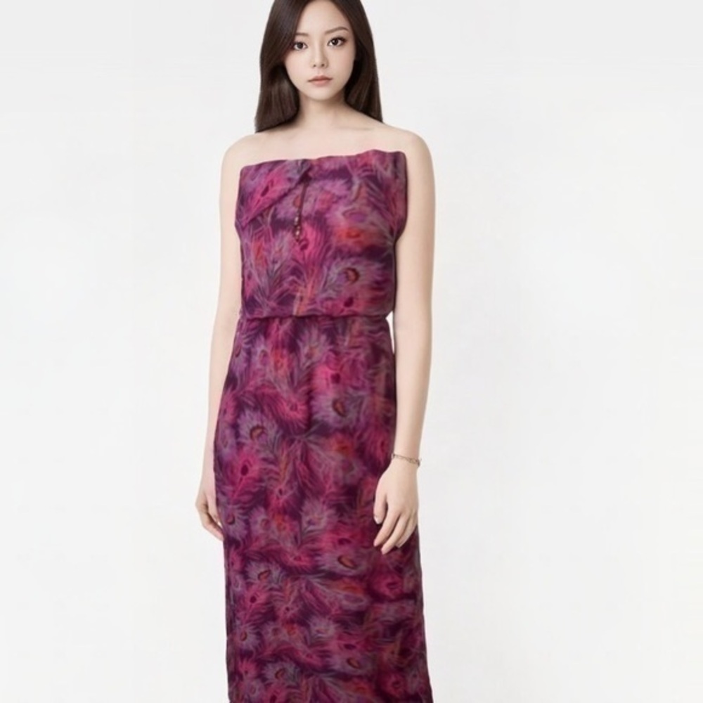 Kirra Peacock Feather Strapless Maxi Dress
